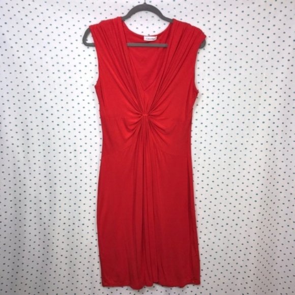 Calvin Klein Orange Roman Twist Bodest Twirl Sleeveless Stretch Dress